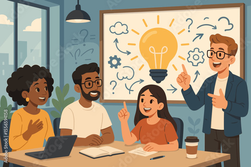 Diverse team brainstorming in office meeting. Multicultural colleagues collaborating on creative project. Lightbulb idea on whiteboard. Business teamwork vector cartoon illustration.