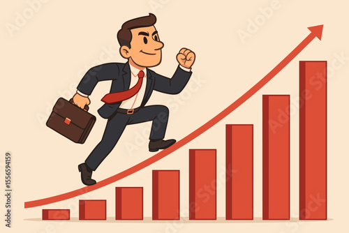 Determined businessman climbing an upward arrow on a growing bar graph. Cartoon character achieving career success and progress. Corporate development and financial growth concept.