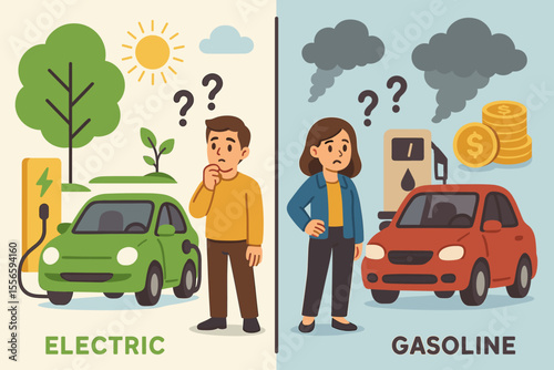 Electric car vs gasoline car choice. Concept of environmental and economic impact comparison. EV with green energy versus petrol automobile with pollution, smoke and high cost.