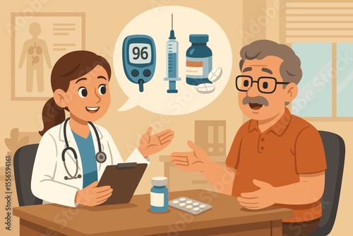 Doctor consulting a senior patient about diabetes management. Endocrinologist explaining blood glucose monitoring, insulin injection, and medication treatment. Healthcare cartoon illustration.