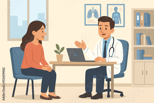 Doctor consulting a female patient in a modern clinic office. Male physician explaining diagnosis or treatment to a woman during a medical appointment. Healthcare and medicine concept.