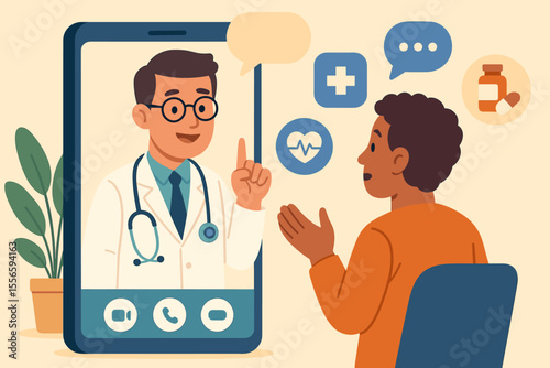 Telehealth concept with doctor giving online medical advice to a patient via smartphone app. Virtual consultation, remote healthcare technology vector cartoon illustration.