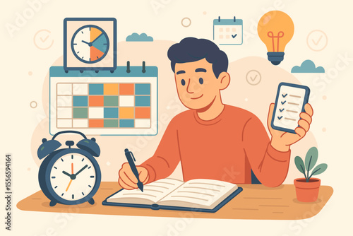 Man planning daily schedule with the time blocking method. Effective time management and organization concept. Productivity, work efficiency, checklist, calendar and deadline vector illustration.