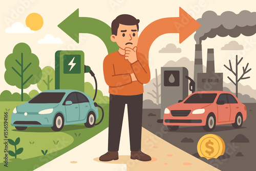 Consumer decision between electric car and gasoline vehicle. Man at crossroads choosing transport. Concept of sustainability, climate change, pollution, and fuel costs vector.