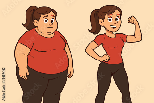 Woman's body transformation before and after successful weight loss. Cartoon vector of fat and fit girl. Concept for diet, fitness, healthy lifestyle, and body shaping success.