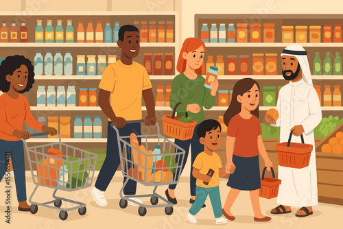 Diverse multicultural people shopping at the supermarket. Black family, Arab man, and Caucasian woman with children buying food. Vector illustration of customers in a grocery store aisle.