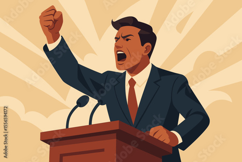 Political leader or revolutionary delivering a powerful speech. Passionate orator at a podium with raised fist. Concept for protest, election campaign, activism, and propaganda. Vector.