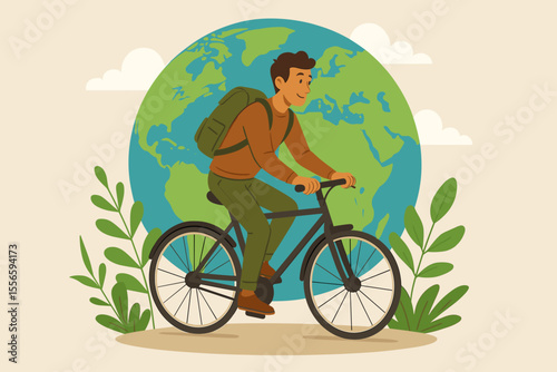 Eco-friendly commuting man riding bicycle against Earth globe background. Sustainable transportation, healthy lifestyle, environmental protection concept vector illustration.