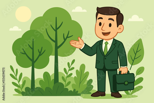 Environmentally conscious businessman promoting sustainability and green business. Cartoon man in suit with trees. Concept for ESG, eco-friendly corporate responsibility, and growth.