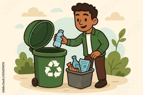 Environmentally conscious young man recycling a plastic bottle into a green bin. Waste sorting for sustainability and conservation. Eco friendly lifestyle concept vector illustration.