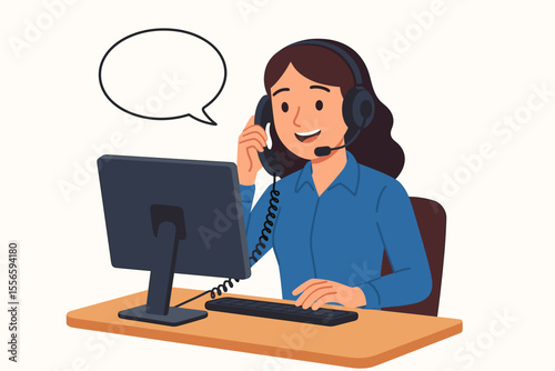 Friendly female customer support operator with a headset talking on the phone. Call center agent providing help and assistance. Helpdesk worker vector cartoon illustration concept.