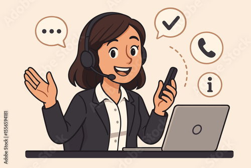 Customer service representative woman at a call center helpdesk. Friendly female operator with headset providing online assistance, support, and communication. Vector cartoon concept.
