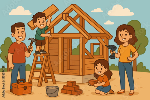 Happy family building a house together with tools and materials. Cartoon illustration of parents and children on a construction project. Concept of teamwork, home ownership and DIY.