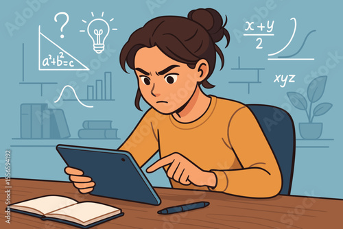 Concentrated Young Woman Studying Online with Tablet at Desk, Solving Math Problems, Distance Learning, Mathematics Education, E-Learning, Digital Classroom, Vector Illustration