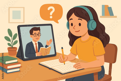 Online Learning Concept. Female Student with Headphones Studying at Desk, Taking Notes, Attending Virtual Class with Male Teacher on Tablet. Distance Education, E-Learning, Remote Tutoring Vector