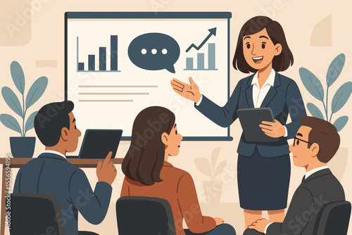Businesswoman giving a presentation at a corporate meeting. Speaker at a seminar or workshop. Public speaking, leadership, and communication skills concept. Office team training with charts.