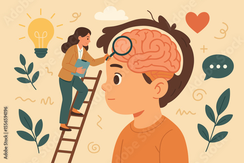 Child psychology mental health concept. Female psychologist examining child brain with magnifying glass. Therapy, counseling, cognitive development, support, education. Vector illustration background.