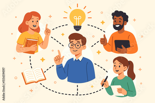 Teamwork and collaboration concept. Expanding knowledge and skills through networking. Diverse people learning and brainstorming. Creative process for innovation. Lightbulb idea. Vector.