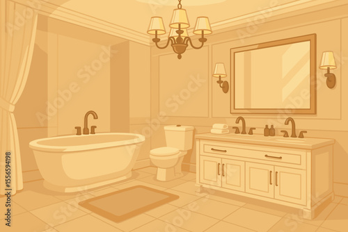Luxury bathroom interior design in a classic style. Elegant hotel washroom with furniture, freestanding bathtub, toilet, and double vanity. Vector cartoon illustration for home decor.