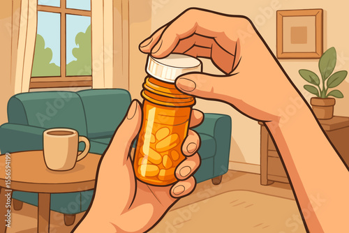 Woman’s Hands Opening Pill Bottle for Medication, Home Interior, Healthcare Routine, Prescription Medicine, Self Care, Daily Dose, Safety Cap, Vector Cartoon Illustration, Living Room Setting