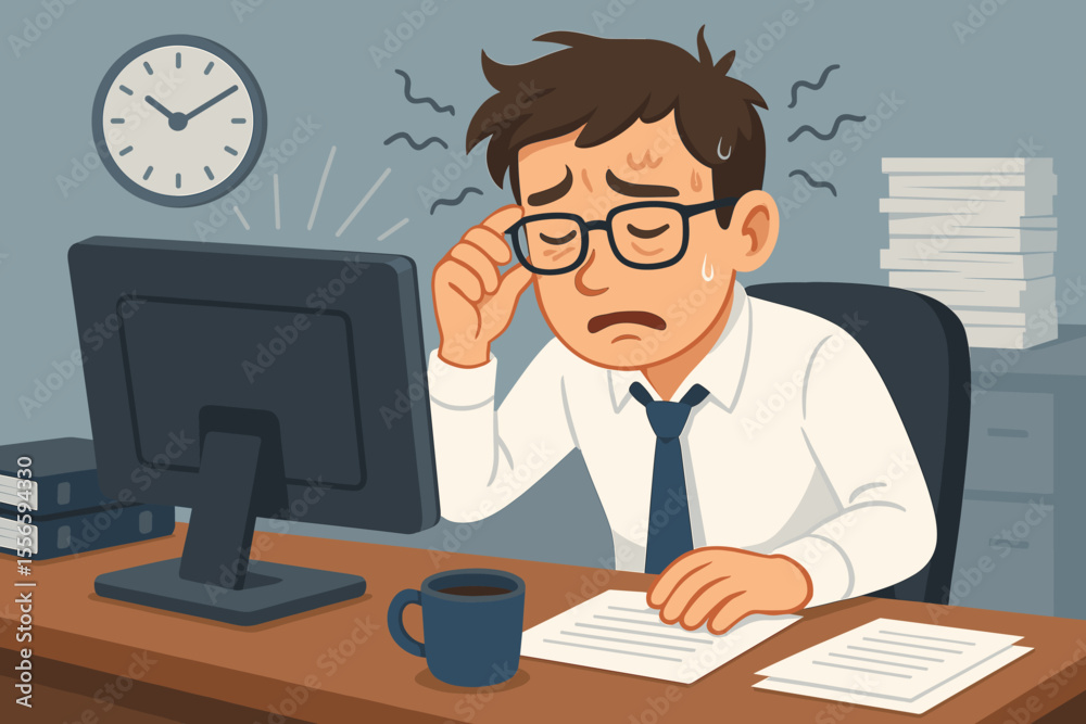 Stressed office worker with eye strain at computer desk, overwhelmed by paperwork, suffering vision problems from excessive screen time, workplace burnout, deadline pressure, vector illustration