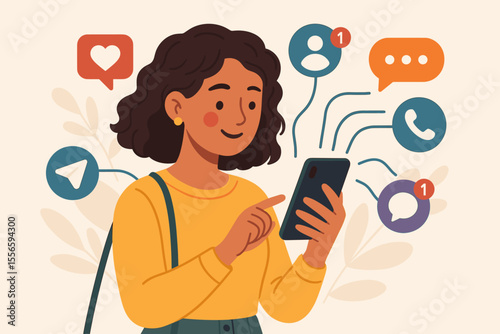 Young Woman Using Smartphone with Social Media Notifications, Messaging Apps, Online Communication, Digital Connection, Modern Technology, Female Character, Vector Illustration