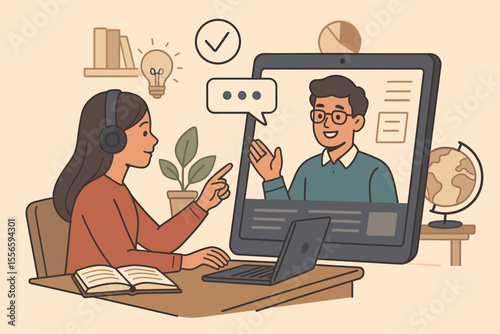 Online coaching and modern education concept. Female student with headphones studies using laptop and has video call with male tutor. E-learning, distance education, webinar concept.