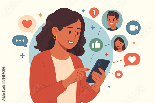 Young woman using smartphone for social media communication, chatting with friends, receiving notifications, likes, video calls, online interaction, digital connection, vector illustration