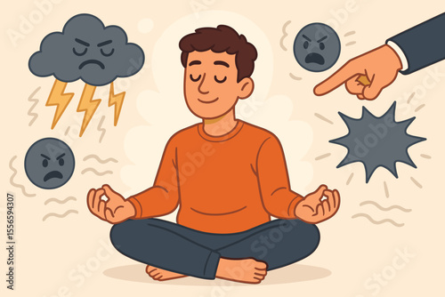 Calm man meditating in lotus pose surrounded by angry faces, storm cloud, and pointing hand. Mindfulness, stress management, emotional control, inner peace, ignoring criticism, mental health concept