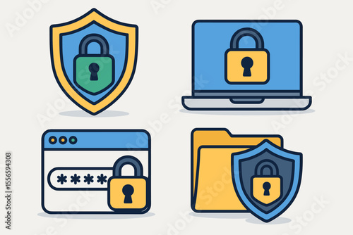 Cybersecurity protection icons set. Data privacy, secure password, internet safety, shield, padlock, folder, laptop security, online encryption, digital access control, cartoon vector illustration
