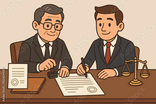 Notary public and businessman signing and stamping official legal documents at desk, law and certification process, contract validation, justice scales, vector cartoon illustration, business agreement