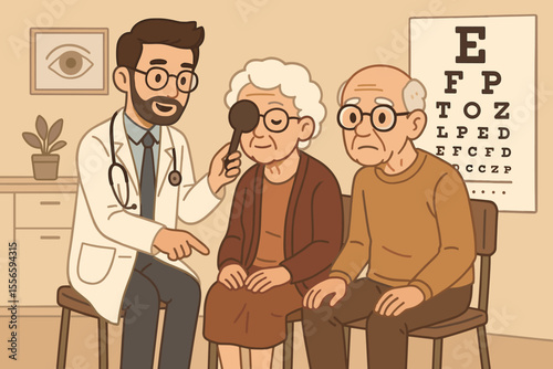 Senior eye exam at ophthalmology clinic. Cartoon doctor testing vision of elderly patients. Optometrist, eye chart, medical checkup, healthcare for seniors, vision care, routine eye screening vector