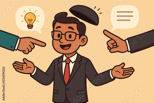 Open Minded Businessman Concept. Cartoon Vector Illustration of Male Office Worker in Suit Receiving Feedback, Criticism, and Suggestions. Brainstorming, Creativity, Professional Growth, Communication