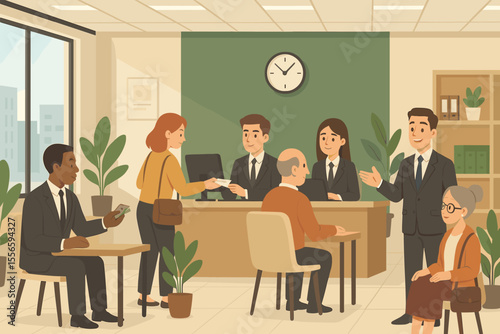 Modern bank office interior with employees assisting customers, financial transactions, business meeting, professional workspace, teamwork, client service, contemporary workplace vector illustration