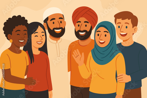 Multicultural diversity group, people of different ethnicities, cultures, religions, and backgrounds together. Inclusion, unity, friendship, community, tolerance, harmony, cartoon vector illustration
