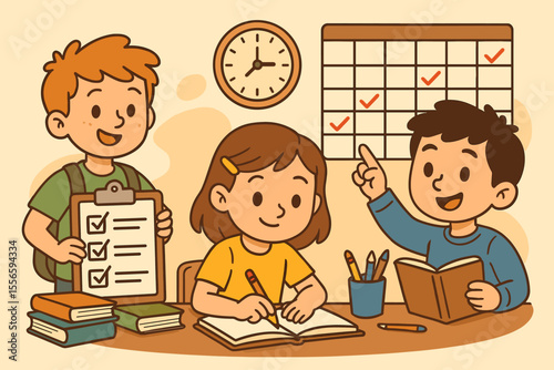 Happy School Children Organizing Study Time with Checklist, Calendar, and Books. Cartoon Kids Planning Homework, Time Management, Learning Activities, Academic Success, Education Vector Illustration