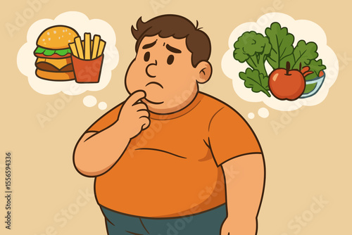 Overweight man choosing between fast food and healthy vegetables. Dilemma of healthy eating, weight management, nutrition decision. Cartoon vector illustration. Obesity, diet, lifestyle concept