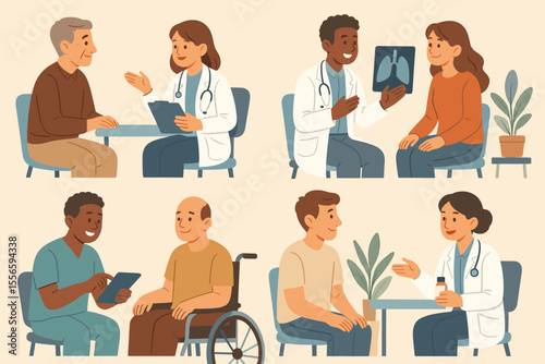 Diverse Patients Receiving Personalized Medical Consultations from Doctors and Nurses in Hospital Clinic. Healthcare Team Giving Advice, Diagnosis, Treatment, Support. Vector Cartoon Illustration