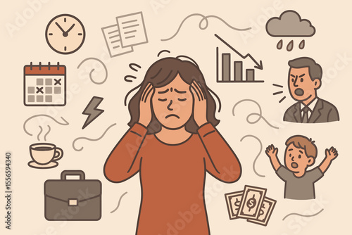 Stressed overwhelmed woman surrounded by work family money deadlines anxiety depression burnout mental health crisis vector illustration. Multitasking female stress concept daily life pressure
