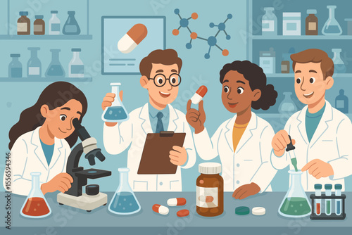 Pharmaceutical research laboratory scientists developing new medicine. Teamwork in drug discovery, chemical analysis, lab experiments, clinical trials, pharmacy innovation. Vector cartoon illustration