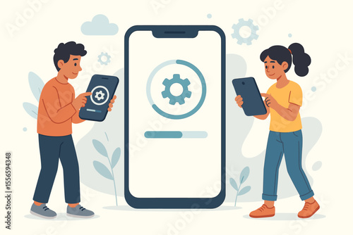 Cartoon illustration of people updating system software on mobile devices, smartphone settings update, technology maintenance, digital user interface, teamwork, modern gadget concept