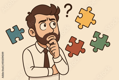 Confused businessman thinking, surrounded by colorful puzzle pieces and question mark. Problem solving, decision making, confusion, brainstorming, challenge concept. Vector cartoon illustration.