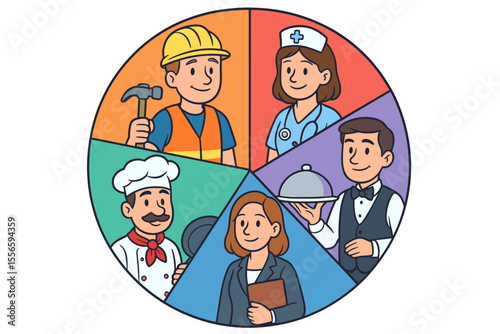 Diverse Occupations Pie Chart Vector. Cartoon Illustration of Professions Including Construction Worker, Nurse, Chef, Businesswoman, Waiter. Career Choices, Workforce Diversity, Job Sectors Concept