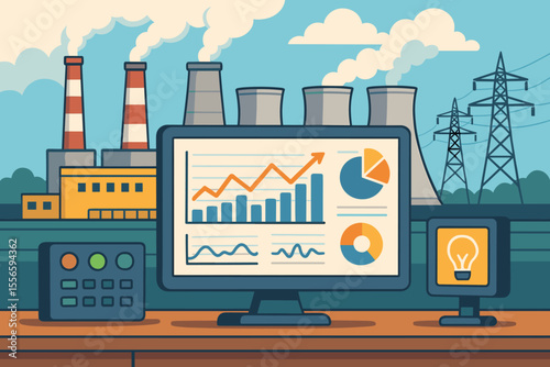 Industrial power plant energy production analysis. Vector illustration of factory with computer dashboard, data charts, graphs, monitoring, electricity generation, control system, technology concept