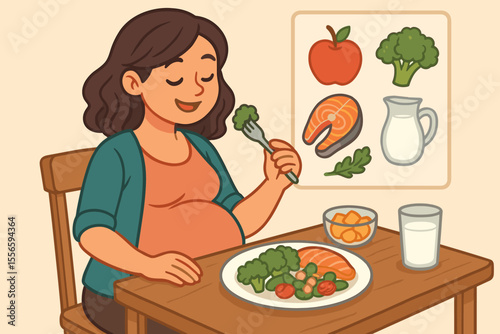 Pregnant woman eating healthy balanced meal with salmon, broccoli, vegetables, fruit, and milk. Nutrition for pregnancy, prenatal diet, maternal health, expecting mother, vector cartoon illustration