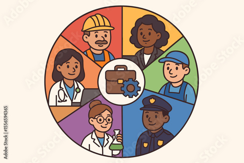 Diverse Professions Pie Chart Vector Illustration. Cartoon Doctor, Scientist, Engineer, Businesswoman, Police Officer, Worker. Workforce Diversity, Career Occupations, Employment Concept