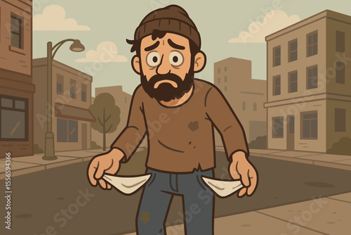 Cartoon homeless man showing empty pockets, poverty concept, urban street scene, unemployment, financial crisis, economic hardship, poor clothing, city background, vector illustration