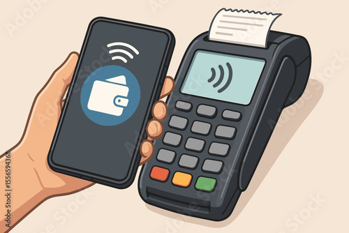 Contactless payment transaction with smartphone digital wallet and POS terminal. NFC wireless technology, mobile banking, secure electronic purchase, cashless checkout. Vector illustration.