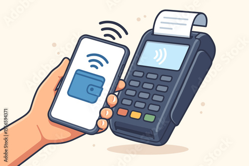 Contactless payment with smartphone digital wallet and POS terminal. Mobile NFC transaction, wireless money transfer, cashless checkout, modern retail technology. Vector cartoon illustration