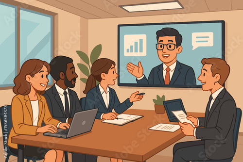 Diverse business team collaborating in modern conference room, engaging in online video call meeting with remote presenter, discussing data analysis and strategy. Vector cartoon office illustration.